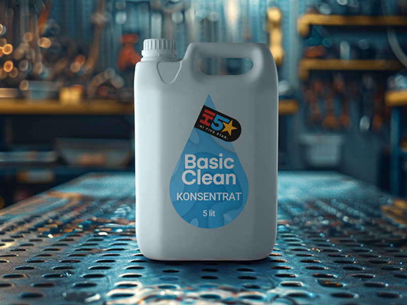 5 liter rengöringsmedel koncentrerat som står på ett bord i en verkstad