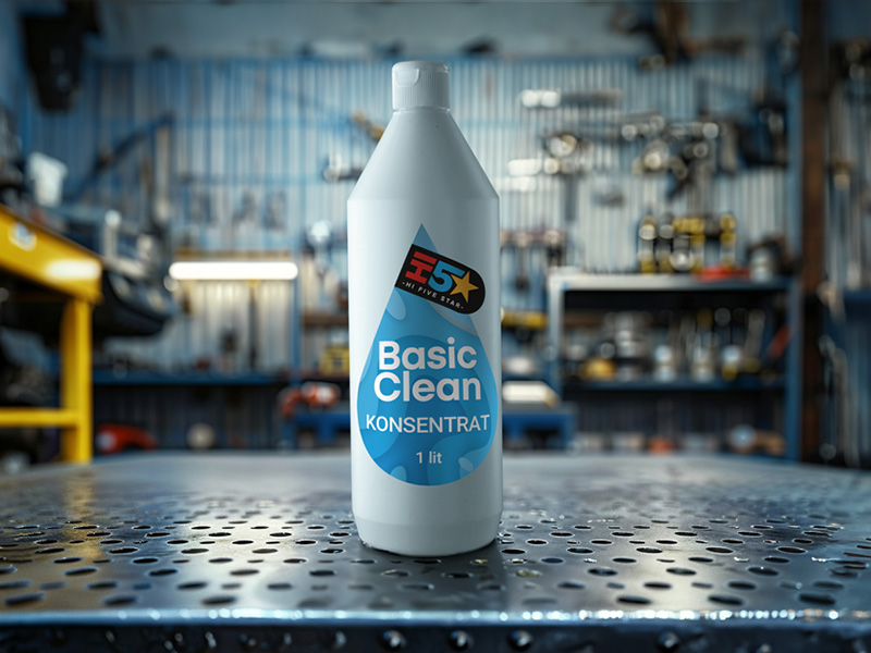 en liter rengöringsmedel koncentrerat som står på ett bord i en verkstad